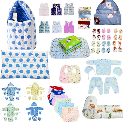 Infantbond Baby Clothing Combo | 66 in 1 New Born Baby Complete Combo (0-6 Months) (Blue Elephant) - Image 1