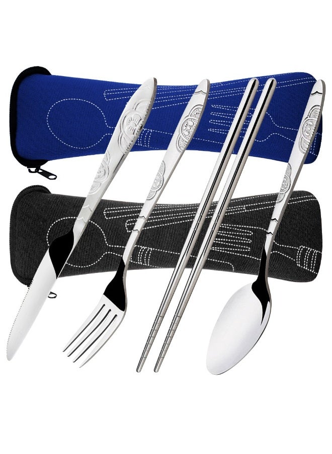 jaexest 8 Pieces Flatware Sets Knife, Fork, Spoon, Chopsticks, 2 Pack Rustproof Stainless Steel Tableware Dinnerware with Carrying Case for Traveling Camping Picnic Working Hiking(Dark Blue,Black) - Image 1