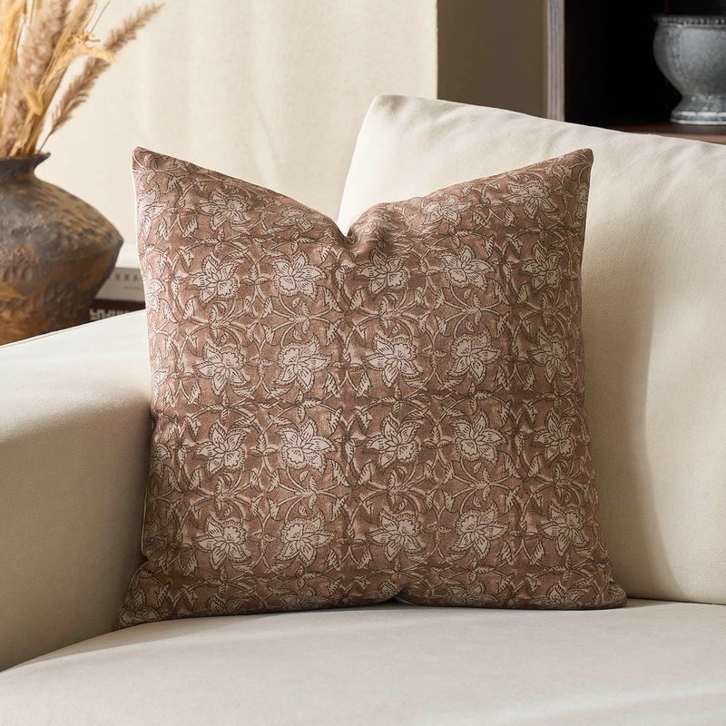 DOMVITUS Floral Pillow Covers 20x20 Throw Pillow Covers Block Print Vintage Decorative Neutral Pillow Cover for Couch Bed Living Room Brown 1PC - Image 1