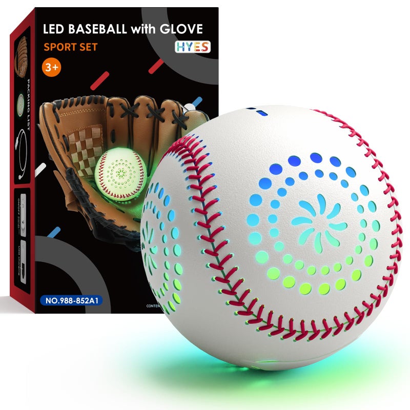HYES Kids Baseball Glove with Light Up BaseballLED Rechargeable 9 Lighting Modes Official Size Leather Weighted Glow Baseballs for Day Night Sport Toys Games for Youth Boys - Image 3