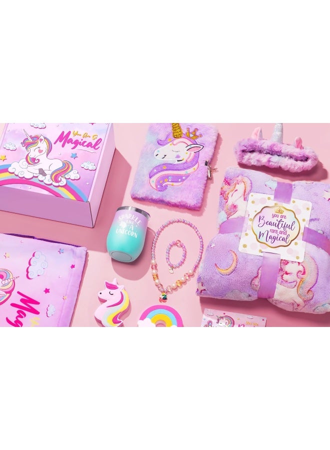 Qinline Unicorn Gifts for Girls, Unicorn Toys for 3 4 5 6 7 8 9 10 11 12 Years Old, Preschool Kindergarten Graduation Gift, Girls Birthday Gift Box with Blanket Diary Headband Eye Mask Cup Jewelry for Teens - Image 2