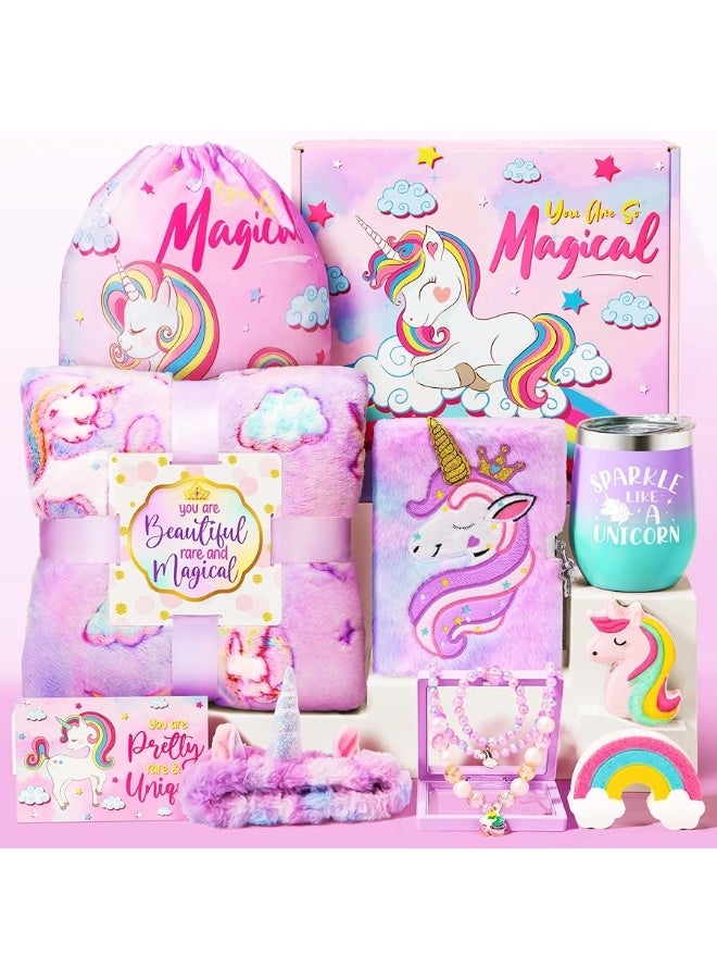 Qinline Unicorn Gifts for Girls, Unicorn Toys for 3 4 5 6 7 8 9 10 11 12 Years Old, Preschool Kindergarten Graduation Gift, Girls Birthday Gift Box with Blanket Diary Headband Eye Mask Cup Jewelry for Teens - Image 1