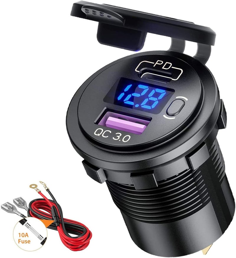 GemCoo PD Type C USB Car Charger Socket and QC 3.0 Quick Charger Car Power Outlet Socket with ON/Off Switch and LED Voltmeter Waterproof 12V/24V for Motorcycle Marine RV ATV - Image 1