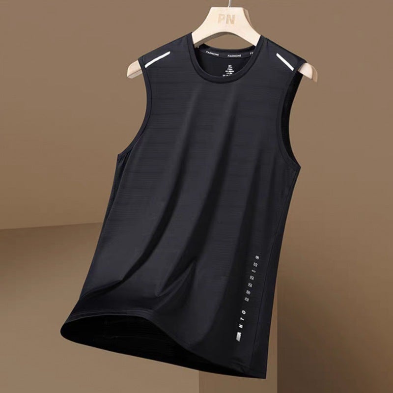 [Fast Delivery] Summer Ice Silk Vest Mens Tide Crewneck Mesh Breathable Quick-drying Sports Wide Waistcoat Waistcoat Pure black [two-pole vest]] 