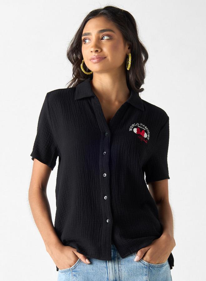 اس بي كاركترز قميص مضلع بتفاصيل تطريزات ميني ماوس وياقة عادية - Image 1