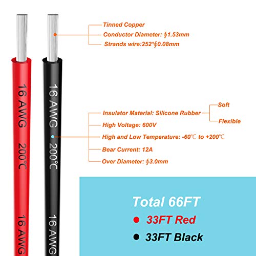 Haerkn 16 awg Silicone Electrical Wire Cable 66ft [Black 33ft Red 33ft] 16 Gauge Separete Wire Hook Up Oxygen Free Stranded Tinned Copper Wire High Temperature Resistance Spool - Image 2