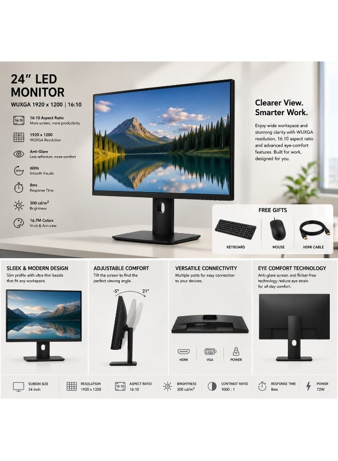 24-Inch LED Monitor WUXGA 1920×1200 16:10 Display 60Hz 8ms HDMI VGA Black - Image 1