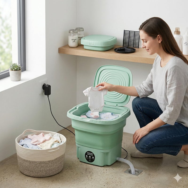 Foldable Washing Machine, 12L Portable Washing Machine with Handle, Waterproof Touch Panel, Practical Drainage, for Light Clothes and Small Items (Mint Green) - Image 4