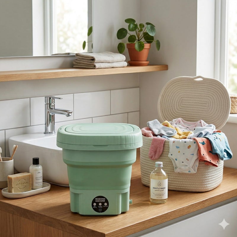 Foldable Washing Machine, 12L Portable Washing Machine with Handle, Waterproof Touch Panel, Practical Drainage, for Light Clothes and Small Items (Mint Green) - Image 5