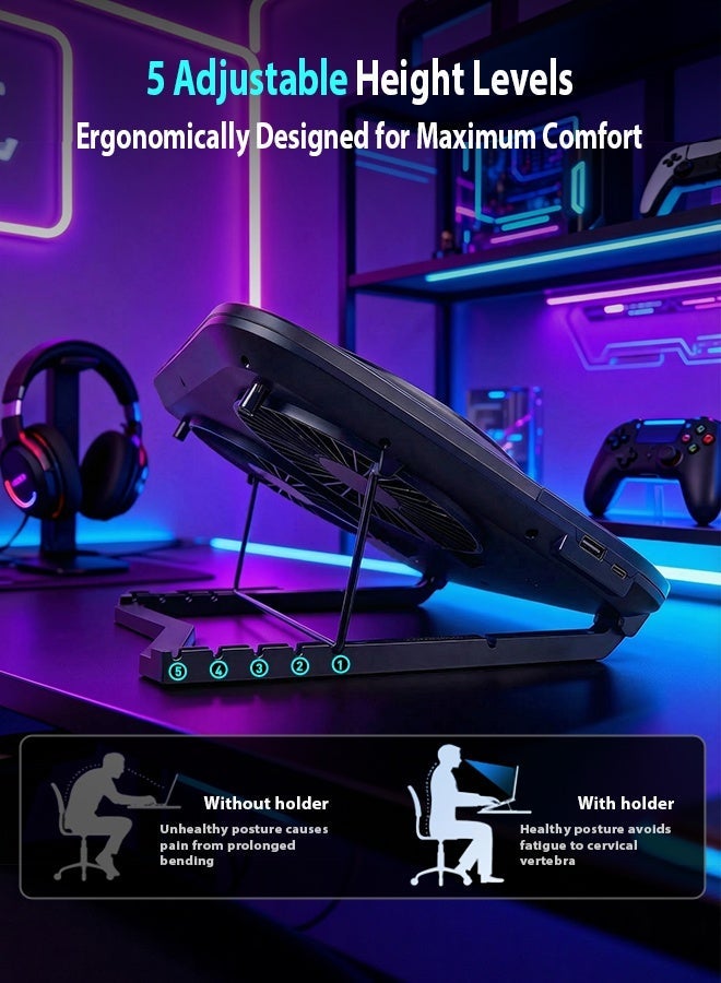 بينريك لوحة تبريد فائق النحافة لأجهزة اللابتوب، مبرد لأجهزة الألعاب TEC شبه موصل مع مروحتين هادئتين 14 سم، أضواء RGB متعددة، دعم 100 سرعة قابلة للتعديل بلا حدود، تبريد فعال، شاشة LCD، خمس إعدادات للارتفاع، حامل هاتف مدمج، يعمل عبر USB-C، حامل محمول قابل للتعديل لأجهزة اللابتوب بحجم 13–18 بوصة - Image 3