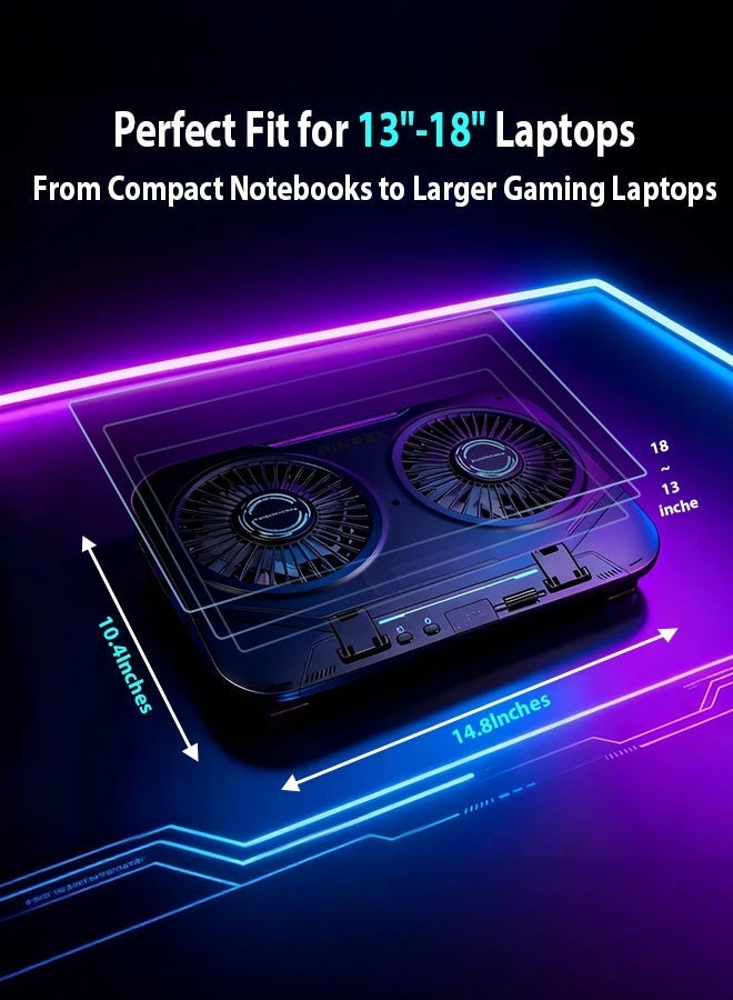 بينريك لوحة تبريد فائق النحافة لأجهزة اللابتوب، مبرد لأجهزة الألعاب TEC شبه موصل مع مروحتين هادئتين 14 سم، أضواء RGB متعددة، دعم 100 سرعة قابلة للتعديل بلا حدود، تبريد فعال، شاشة LCD، خمس إعدادات للارتفاع، حامل هاتف مدمج، يعمل عبر USB-C، حامل محمول قابل للتعديل لأجهزة اللابتوب بحجم 13–18 بوصة - Image 2