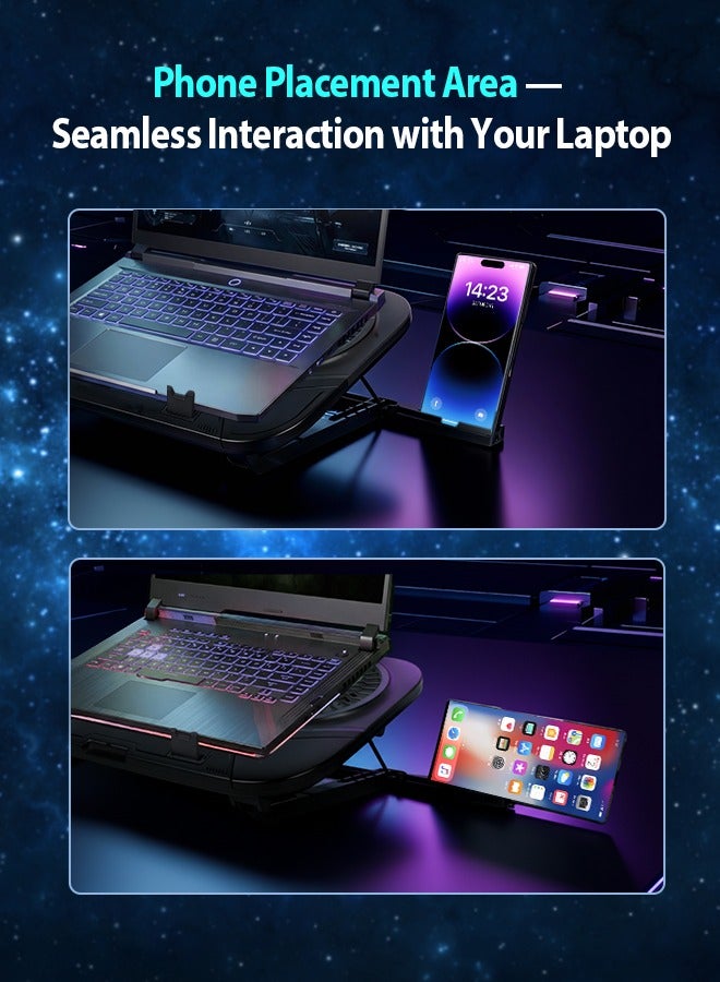 بينريك لوحة تبريد فائق النحافة لأجهزة اللابتوب، مبرد لأجهزة الألعاب TEC شبه موصل مع مروحتين هادئتين 14 سم، أضواء RGB متعددة، دعم 100 سرعة قابلة للتعديل بلا حدود، تبريد فعال، شاشة LCD، خمس إعدادات للارتفاع، حامل هاتف مدمج، يعمل عبر USB-C، حامل محمول قابل للتعديل لأجهزة اللابتوب بحجم 13–18 بوصة - Image 5