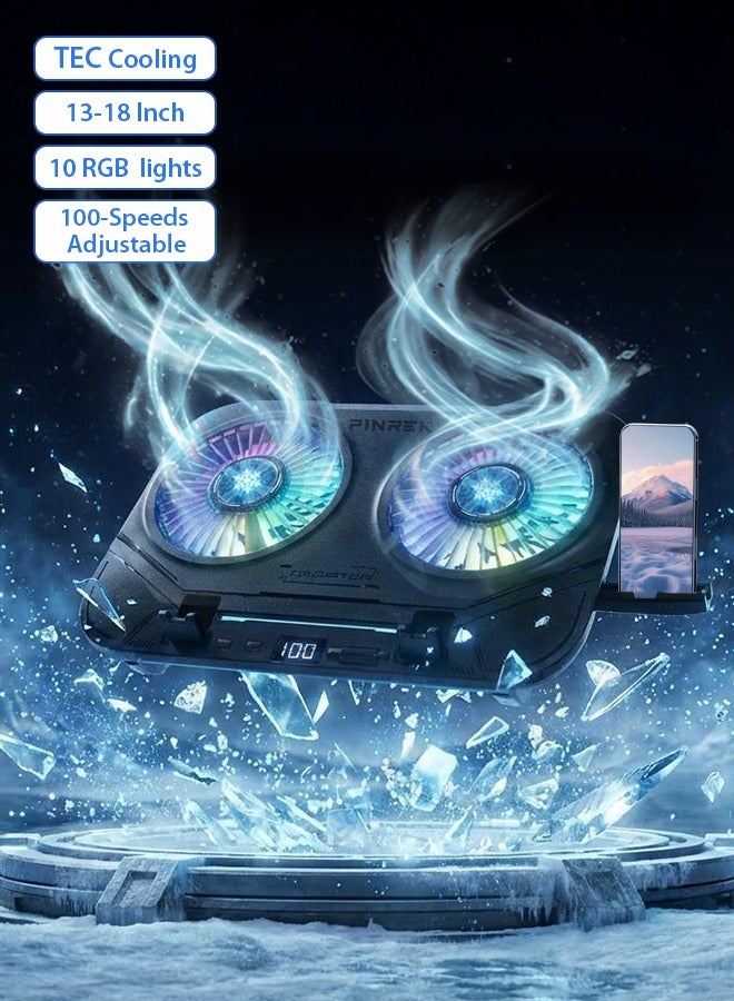 بينريك لوحة تبريد فائق النحافة لأجهزة اللابتوب، مبرد لأجهزة الألعاب TEC شبه موصل مع مروحتين هادئتين 14 سم، أضواء RGB متعددة، دعم 100 سرعة قابلة للتعديل بلا حدود، تبريد فعال، شاشة LCD، خمس إعدادات للارتفاع، حامل هاتف مدمج، يعمل عبر USB-C، حامل محمول قابل للتعديل لأجهزة اللابتوب بحجم 13–18 بوصة - Image 1