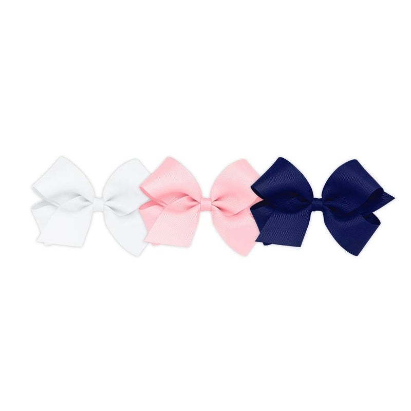 Wee Ones Girls' 3 pc Set Solid Grosgrain Variety Pack on a WeeStay No-Slip Hair Clip, Medium, White, Light Pink, and Light Navy - Image 1