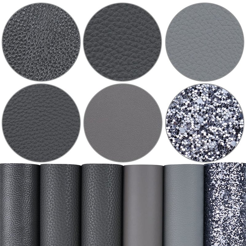 Litchi 6 Pack 8x12 Inch Faux Leather Sheets for Bow Earring Easy to Cut Vinyl Fabric for Cricut Durable Fade Resistant Leatherette Without Smell Dark Gray