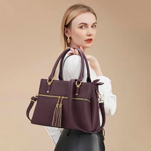 KKXIU 3 Zippered Compartments Purses and Handbags for Women Vegan Leather Ladies Multi Pocket Satchel Bags (D-wine) - Image 2