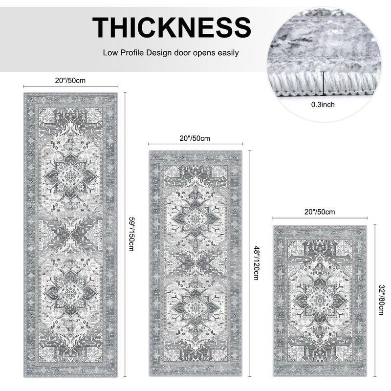 Yamaziot Boho Washable Kitchen Rugs Sets of 3, Non Slip Kitchen Mats for Floor with Rubber Backing, Waterproof & Stain Resistant Thick Carpet Runner Throw Rugs for Kitchen, Laundry Room, Hallway, Grey - Image 2