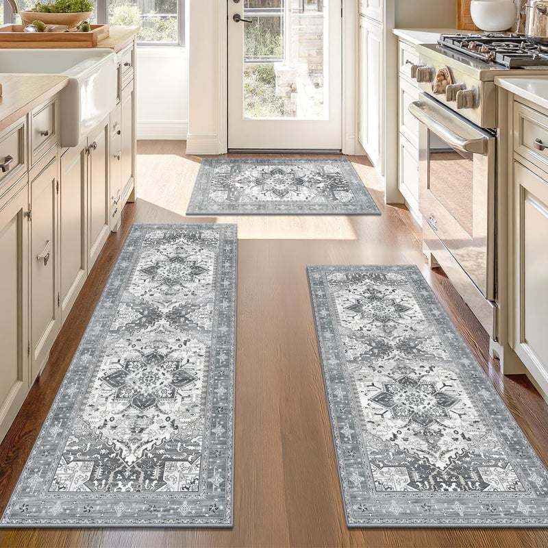 Yamaziot Boho Washable Kitchen Rugs Sets of 3, Non Slip Kitchen Mats for Floor with Rubber Backing, Waterproof & Stain Resistant Thick Carpet Runner Throw Rugs for Kitchen, Laundry Room, Hallway, Grey - Image 1