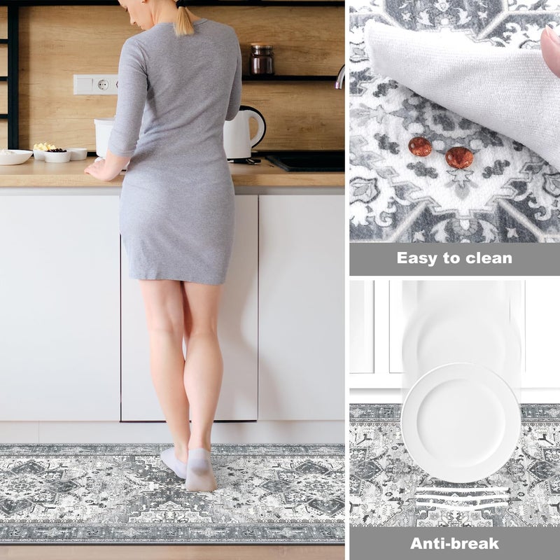 Yamaziot Boho Washable Kitchen Rugs Sets of 3, Non Slip Kitchen Mats for Floor with Rubber Backing, Waterproof & Stain Resistant Thick Carpet Runner Throw Rugs for Kitchen, Laundry Room, Hallway, Grey - Image 4