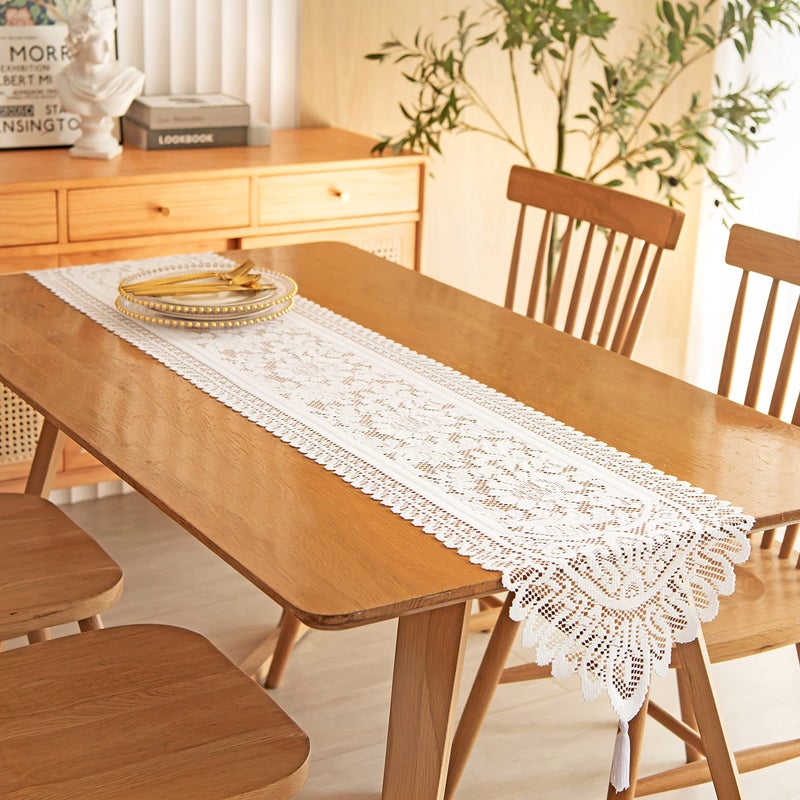 Tinsow 2 Pack Cotton Crochet Lace Rectangular Table Runner Dresser Scarf Doilies (White Style, 13" X 71") - Image 4