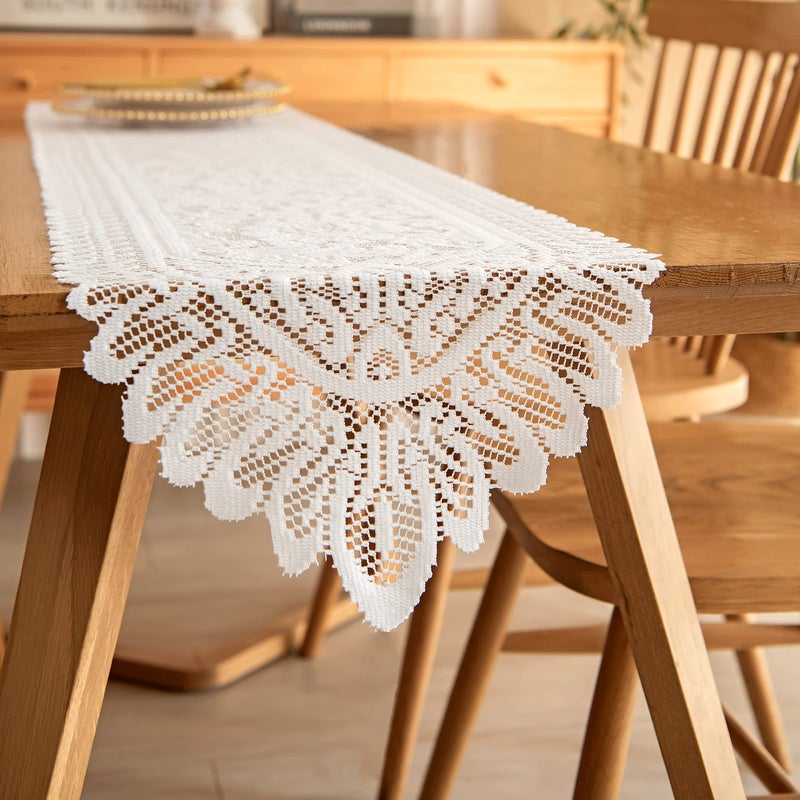 Tinsow 2 Pack Cotton Crochet Lace Rectangular Table Runner Dresser Scarf Doilies (White Style, 13" X 71") - Image 1