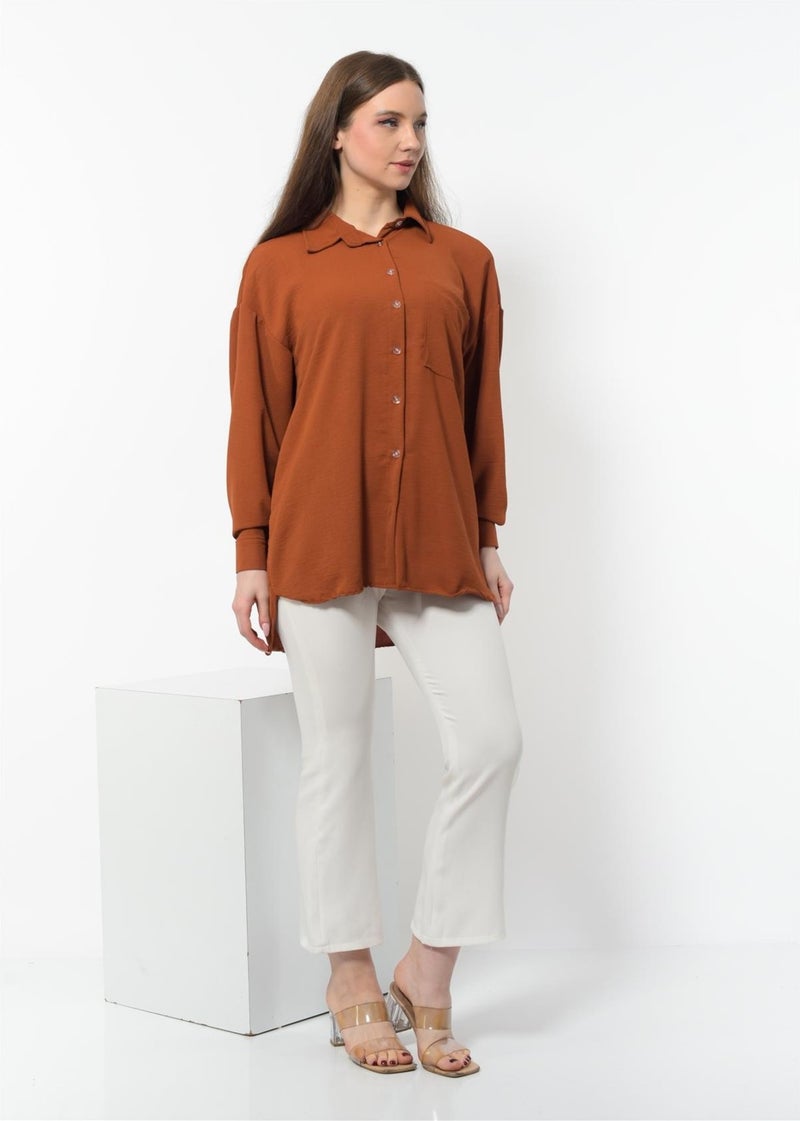Nuseel Women's Aerobin Fabric Buttoned Oversize Shirt Brown  - Image 3