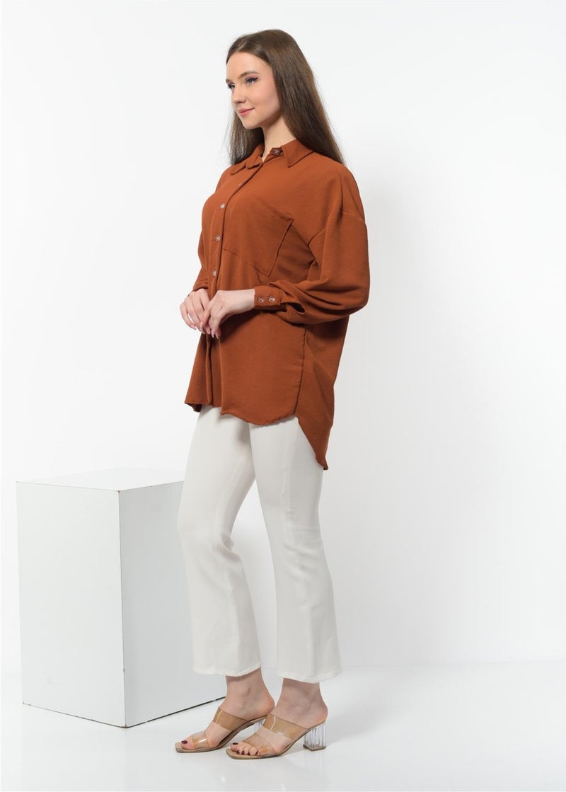 Nuseel Women's Aerobin Fabric Buttoned Oversize Shirt Brown  - Image 4