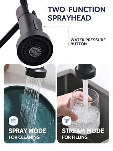 LUFEIDRA Black Kitchen Faucet with Pull Down Sprayer, High Arc Spring 304 Stainless Steel Single Handle 1 or 3 Hole 2 Mode Kitchen Faucets for Farmhouse RV Camper Laundry Wet Bar - Image 5