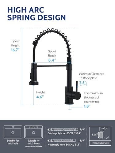 LUFEIDRA Black Kitchen Faucet with Pull Down Sprayer, High Arc Spring 304 Stainless Steel Single Handle 1 or 3 Hole 2 Mode Kitchen Faucets for Farmhouse RV Camper Laundry Wet Bar - Image 2