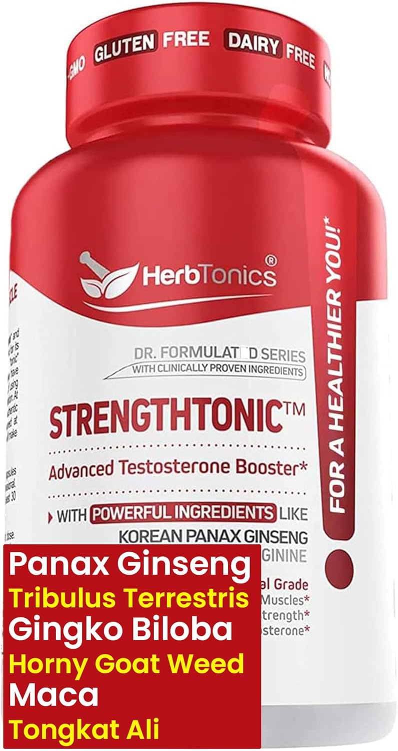 Herbtonics مكمل دعم التستوستيرون للرجال من هيربتونيكس - جينسنغ كوري - تريبولوس تيرستريس - يدعم الطاقة الصحية والقوة والقدرة على التحمل - 60 كبسولة نباتية - Image 1
