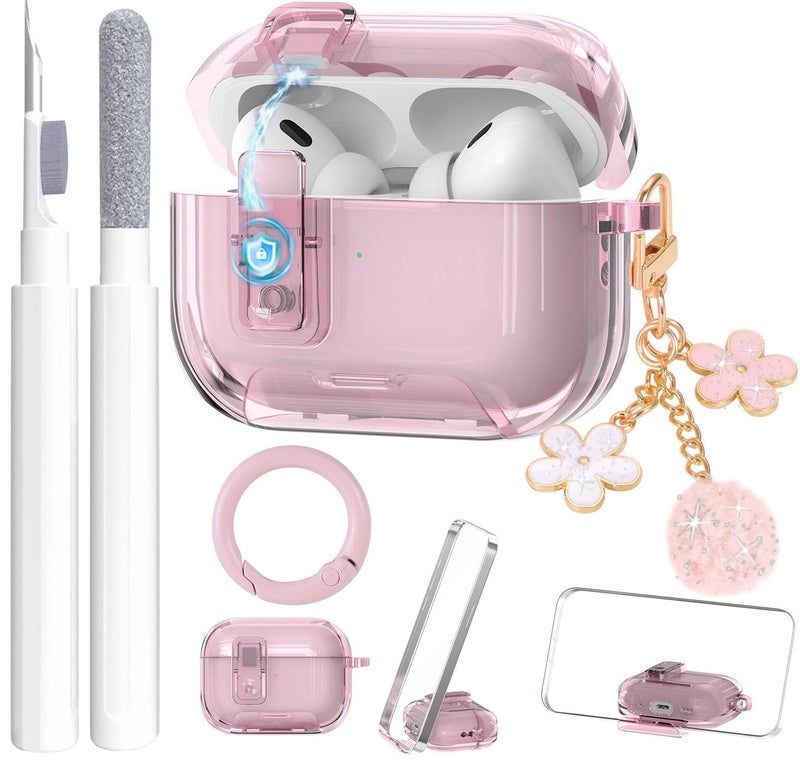 OTOPO Cute Clear Lock Case for Airpods Pro 3 Cover with Phone Stand for Girl Women with Pom pom Flower Charms& Cleaner Kit, Soft TPU Airpods iPod Pro 3rd Gen Protective Cover Skin for Airpod Pro 3 2025 - Image 1
