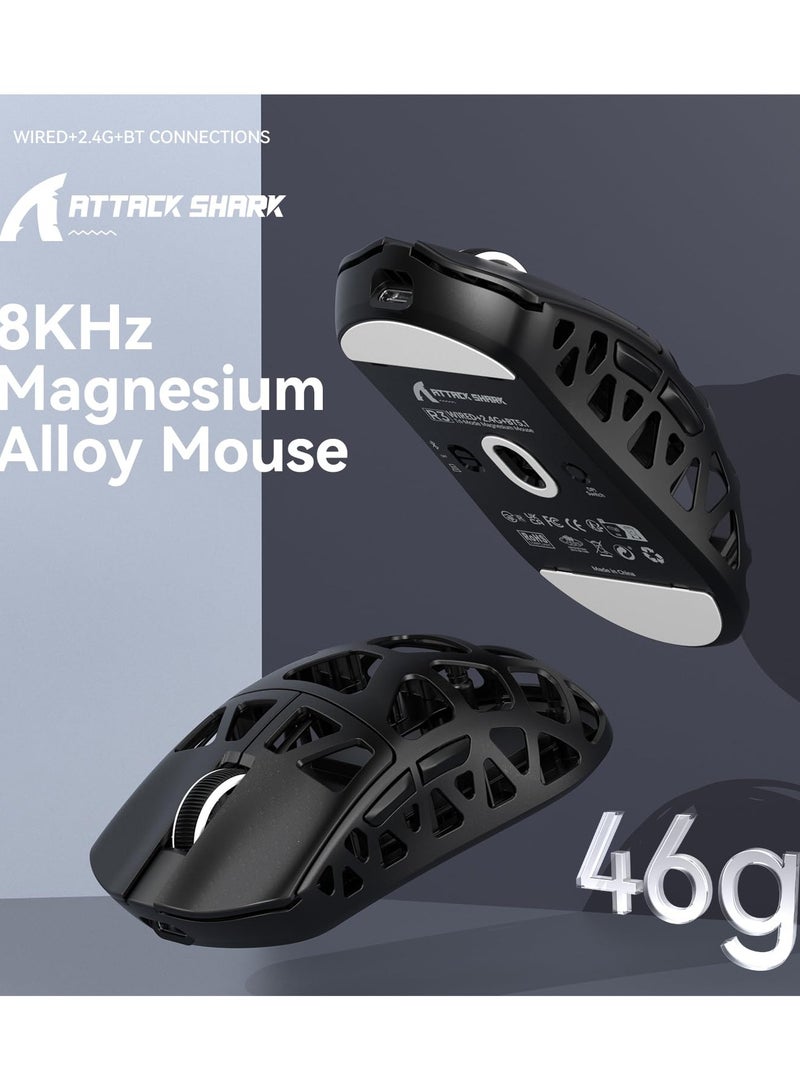 هجوم القرش فأرة ألعاب لاسلكية خفيفة للغاية من المغنيسيوم alloy R3 بوزن 46 جرام، تعمل بتقنية بلوتوث/2.4 جيجاهرتز/سلكية، بمعدل استبيان لاسلكي 8000 هرتز، حساس ضوئي PAW3395 بدقة 26K DPI، ماوس قابل للبرمجة لنظامي ويندوز وماك (أسود) - Image 4