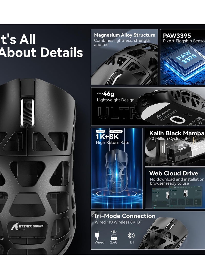 هجوم القرش فأرة ألعاب لاسلكية خفيفة للغاية من المغنيسيوم alloy R3 بوزن 46 جرام، تعمل بتقنية بلوتوث/2.4 جيجاهرتز/سلكية، بمعدل استبيان لاسلكي 8000 هرتز، حساس ضوئي PAW3395 بدقة 26K DPI، ماوس قابل للبرمجة لنظامي ويندوز وماك (أسود) - Image 2
