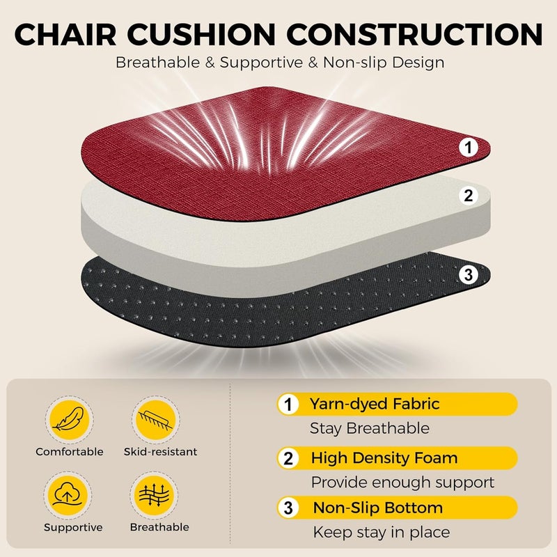 downluxe Indoor Chair Cushions for Dining Chairs Soft and Comfortable Textured Foam Kitchen Chair Pads with Ties and NonSlip Backing 16 x 16 x 2 Red 4 Pack - Image 3