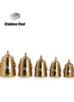 Royal 5 PC Set Stainless Steel Canister With Air Tight Lids Kitchen Food Storage Containers for Tea Coffee Sugar Gold  - Image 1