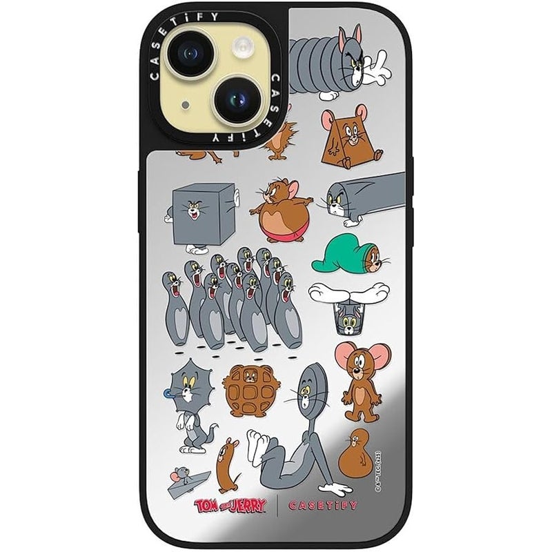 Casetify Mirror Case for iPhone 15 【Tom and Jerry Colab/Reflective / 4.9ft Drop Protection/Compatible with Magsafe】 - Pattern Sticker - Silver on Black