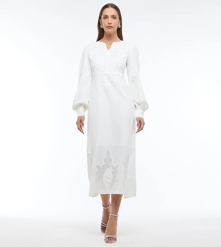 بي سي بي جي BCBG LINEN EMBROIDERY MAXI DRESS