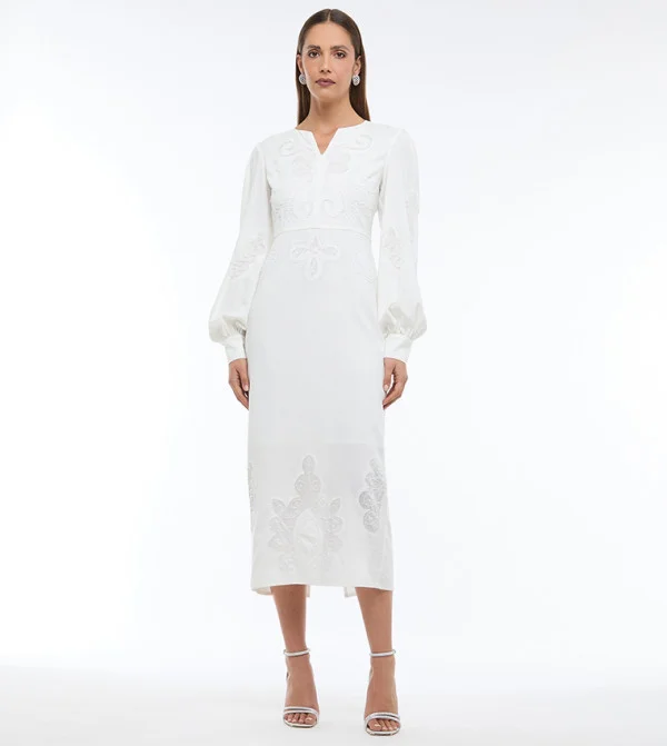 بي سي بي جي BCBG LINEN EMBROIDERY MAXI DRESS