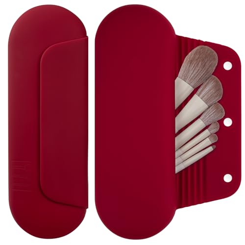 AGIKET Silicone Makeup Brush Holder Travel Cosmetic Bag：Soft Portable Cosmetic Face Brushes Holder with Upgrade Anti-Fall Out Magnetic Closure, Large Travel Makeup Brush Case - Red - Image 1