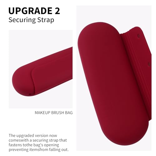AGIKET Silicone Makeup Brush Holder Travel Cosmetic Bag：Soft Portable Cosmetic Face Brushes Holder with Upgrade Anti-Fall Out Magnetic Closure, Large Travel Makeup Brush Case - Red - Image 3