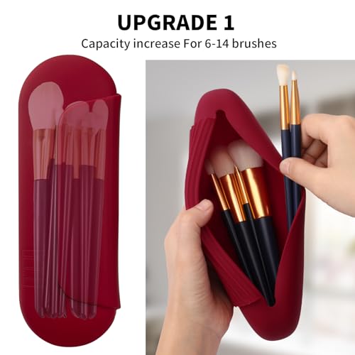AGIKET Silicone Makeup Brush Holder Travel Cosmetic Bag：Soft Portable Cosmetic Face Brushes Holder with Upgrade Anti-Fall Out Magnetic Closure, Large Travel Makeup Brush Case - Red - Image 2