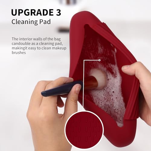 AGIKET Silicone Makeup Brush Holder Travel Cosmetic Bag：Soft Portable Cosmetic Face Brushes Holder with Upgrade Anti-Fall Out Magnetic Closure, Large Travel Makeup Brush Case - Red - Image 4