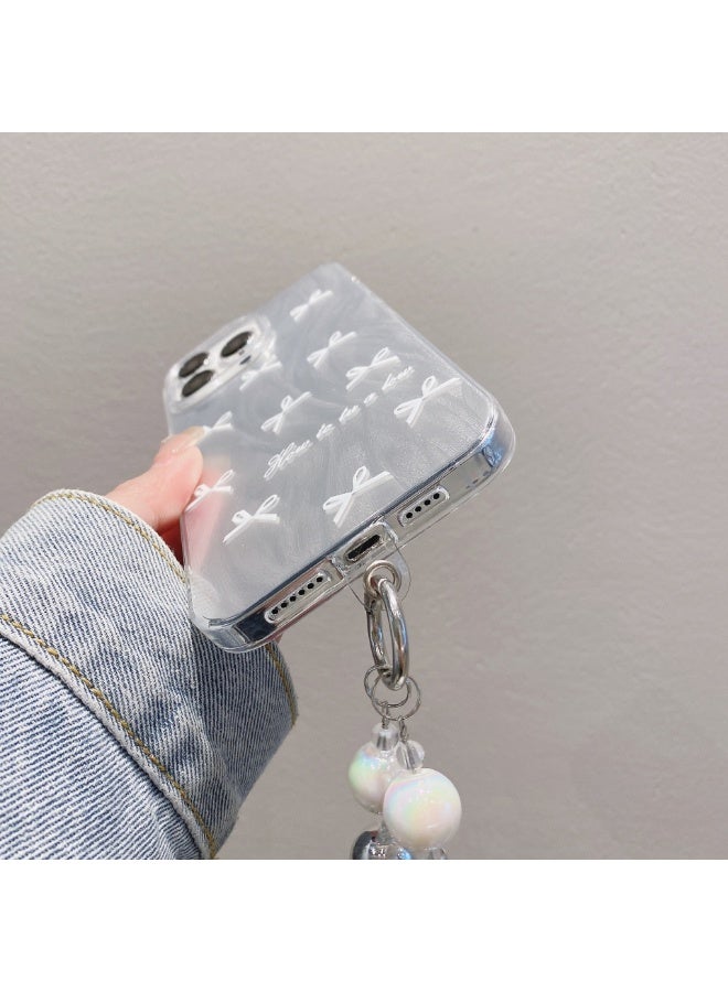 NIBEMINENT Bow Protective TPU Case Cover For iPhone 14, White Bow With Silver Love Beads - Image 2