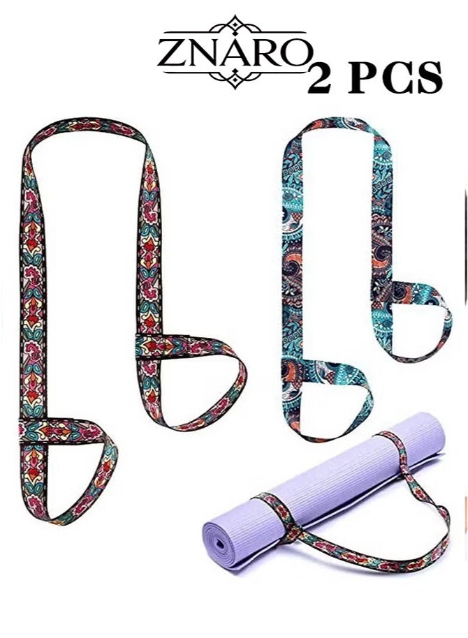 ZNARO 2 Pieces Vintage Print Yoga Mat Strap Sling, Adjustable Thick Yoga Mat Carrier Stretching Strap for Women, Colorful Mat Holder - Image 1