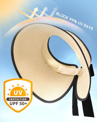 Camptrace Sun Visors for Women Wide Brim Beach Hat Foldable Straw Visor Hat Ponytail Summer Packable UPF 50+ - Image 2