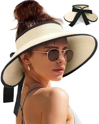 Camptrace Sun Visors for Women Wide Brim Beach Hat Foldable Straw Visor Hat Ponytail Summer Packable UPF 50+ - Image 1