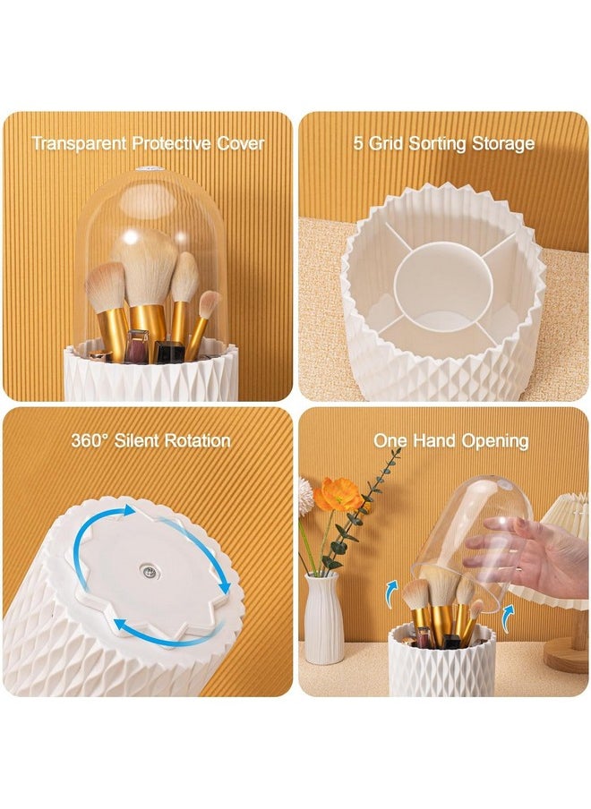 INOVERA (LABEL) INOVERA (LABEL) 5 Slot Makeup Brush Holder | 360° Rotating Cosmetic Display Case Organizer Dustproof Brushes Storage Cases With Lid For Women Girls (White cosmetics)  - Image 4