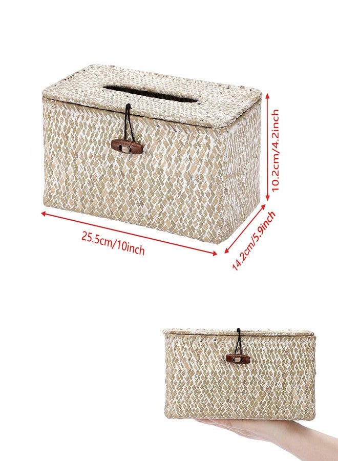 Shonmogar Tissue Box Cover Rectangle Seagrass Tissue Box,Woven Tissue Box Holder with Lid,Farmhouse Tissue Cover for Bathroom Toilet Living Room Bedroom Kitchen Table Desk Office,Whitewash - Image 2