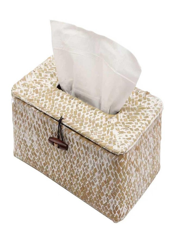 Shonmogar Tissue Box Cover Rectangle Seagrass Tissue Box,Woven Tissue Box Holder with Lid,Farmhouse Tissue Cover for Bathroom Toilet Living Room Bedroom Kitchen Table Desk Office,Whitewash - Image 1