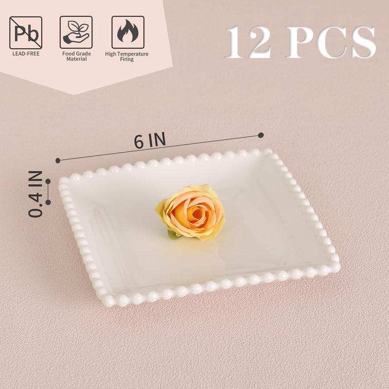 OMAYKEY 6 Inch Square Appetizer Plates, Salad Plates Set, Ceramic Dessert Plates, Porcelain Small Serving Plates for Cake, Snacks, Side Dish, Sushi - Microwave, Oven, Dishwasher Safe, Set of 12, White - Image 3